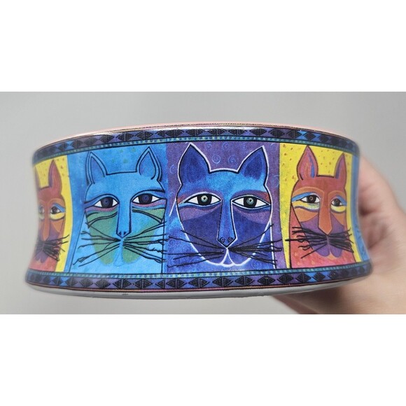 Vtg Laurel Burch Ceramic Cat Food Water Bowl Colorful Whimsical Cat Design 5-1/4 - Picture 3 of 13